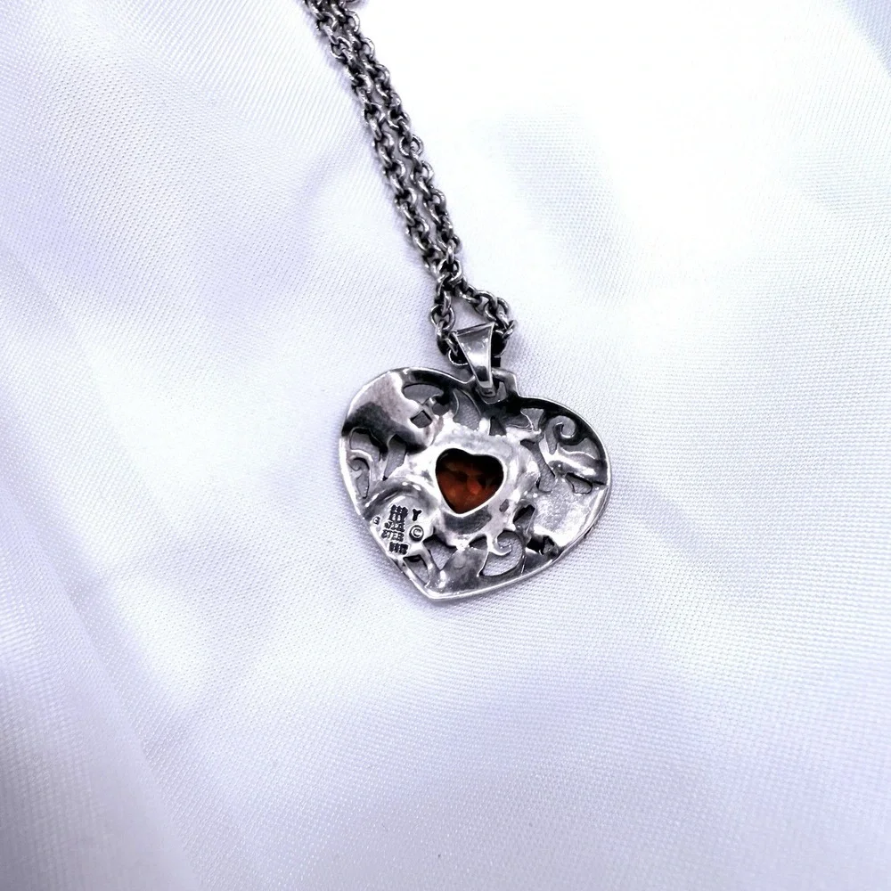 Retired James Avery‎ Garnet Heart Necklace Silver Gold Jewel Classic Preppy